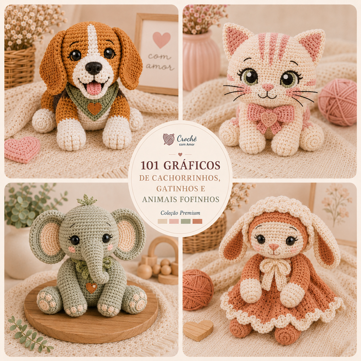 Mosaico de mantas, almofadas, tapetes, bolsas e quadros de crochê com desenhos de pets.